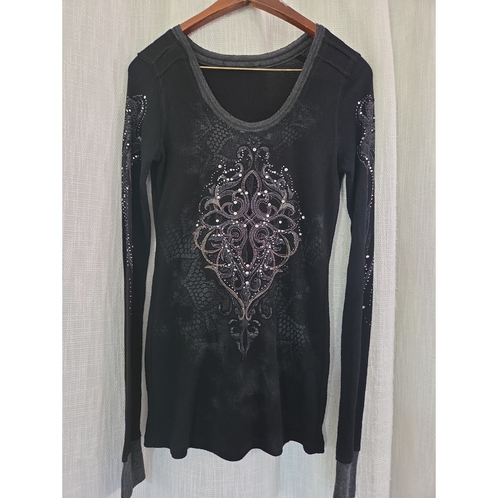 Miss Me Thermal Extended Rhinestone Long Sleeve Y2K No Size Tag